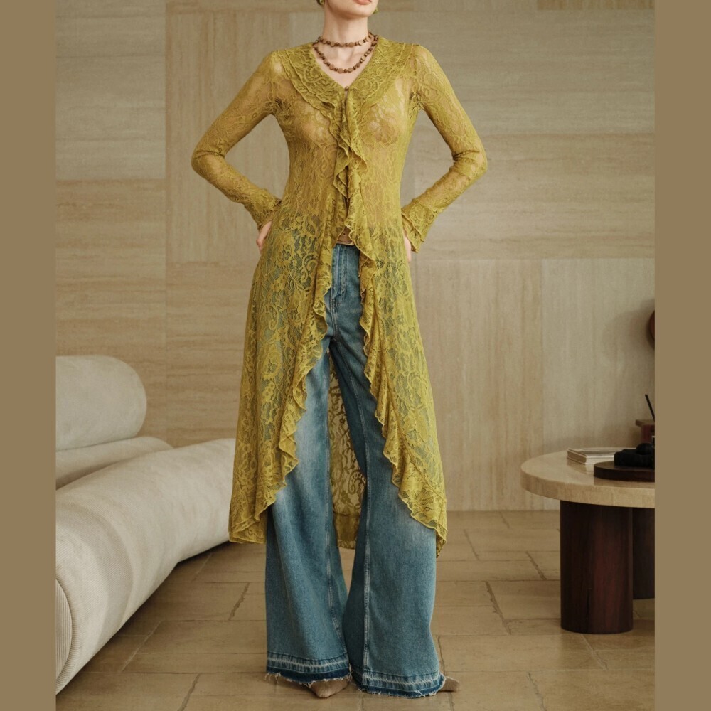 Chartreuse Yellow-Green Lace Ruffle Front Long Duster Coat